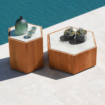 2Pcs Modern Hexagon Faux Marble & Teak Wood Outdoor Coffee Table Set in Natural & White